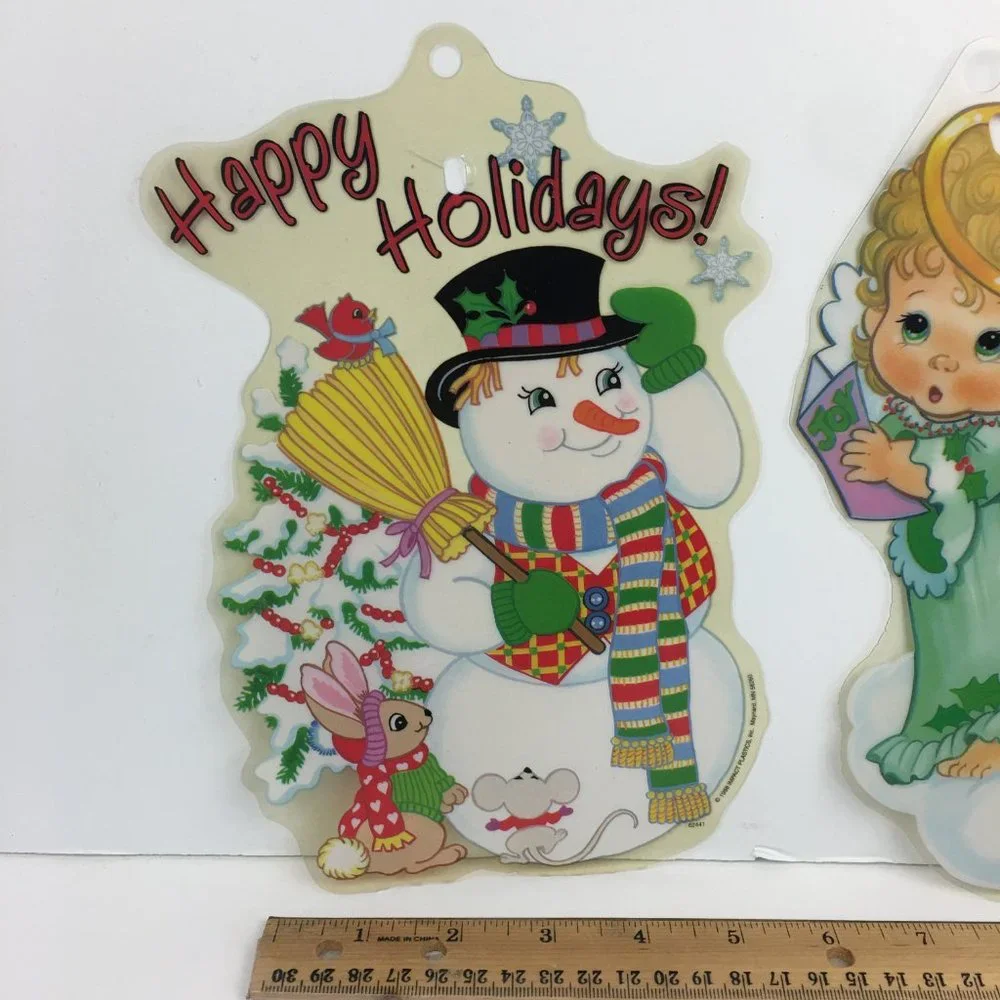 Vtg Impact Plastics Color Clings Happy Holidays Snowman Angels‎ Christmas Winter